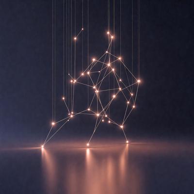 The primary subject of the image is a cluster of bright lights, which are suspended in the air and appear to be floating. The setting is a dark background, which contrasts with the bright lights. The visual style of the image is a combination of digital art and illustration, creating a unique and captivating scene. The colors and mood of the image are predominantly dark, with the bright lights providing a striking contrast and a sense of energy and movement.
